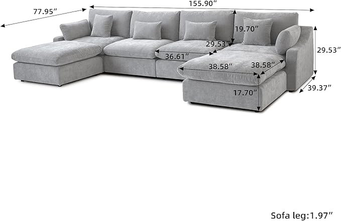 JACH U-Shaped Sectional Couches for Living Room, Cloud Sectional Couch with Deep Seat, 155.9
