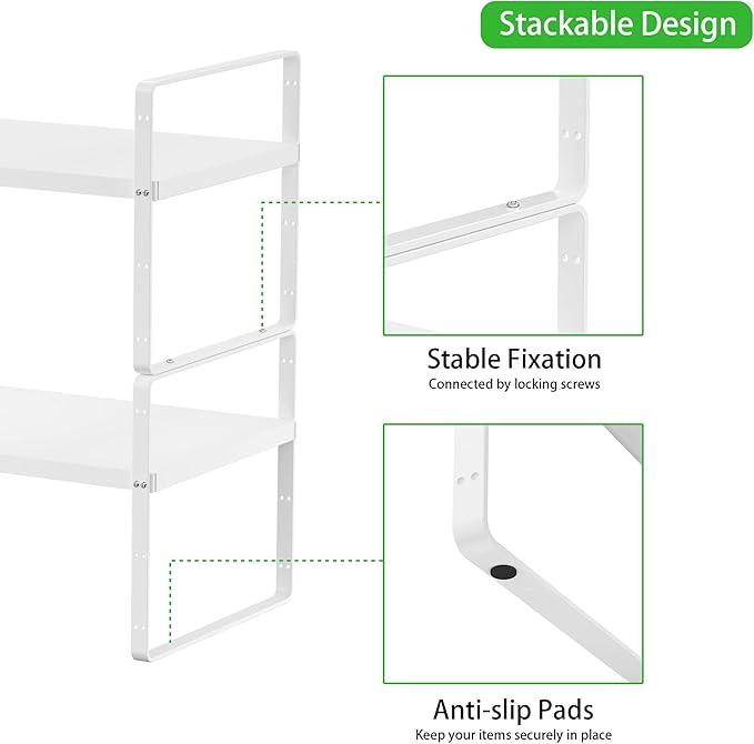 Expandable Cabinet Storage Shelf Stackable Organizer Rack for Kitchen Bathroom Pantry Spice Cupboard Countertop Home Office Desk Heavy Duty Nonslip White Large 2 PACK