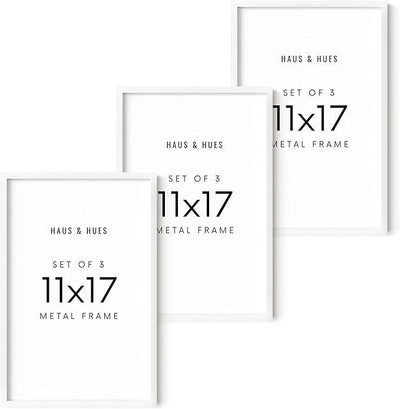 HAUS AND HUES 11x17 White Metal Picture Frames - Features Premium Aluminum, Vertical & Horizontal Hang, Shatterproof Plexiglass - Perfect for Home, Room, Office (11x17 in, White, Set of 3)
