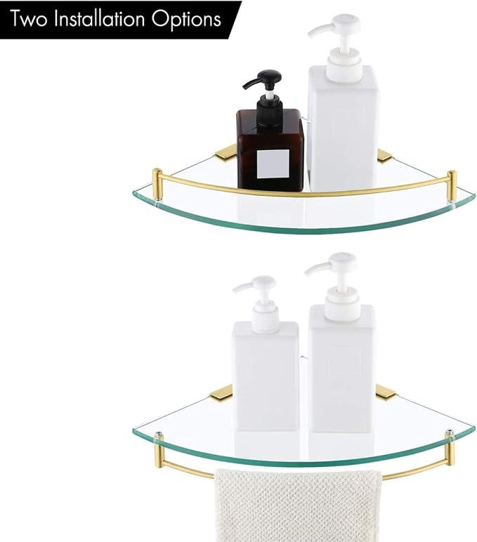 KES Glass Corner Shelf Bathroom Shelf Tempered Glass with Rail SUS 304 Stainless Steel Floating Wall Mount Bracket Brushed Gold, BGS2101A-BZ