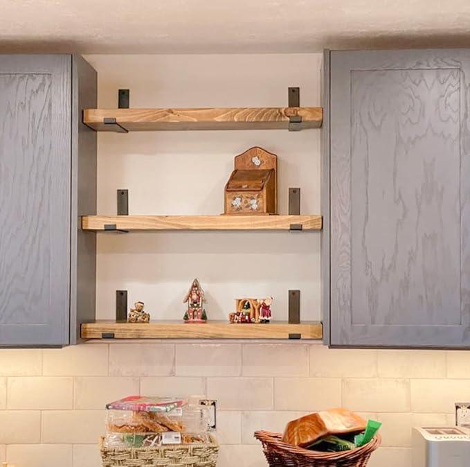 Rustic Shelves with J-Brackets Set of 2, Industrial Shelf, Kitchen Shelves, Solid Wood, Decorative Wall Storage, Heavy Duty, URBANDI (Brown, 24Wx12D)