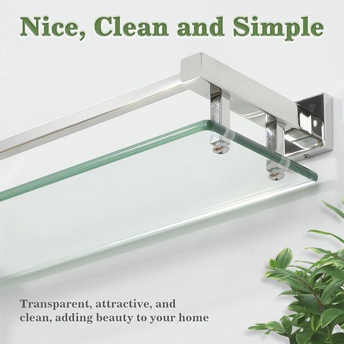Alise Bathroom Glass Shelf with Stainless Steel Railing, Polished Chrome Small Tempered Glass Floating Wall Shelf Over The Toilet, 16 inch