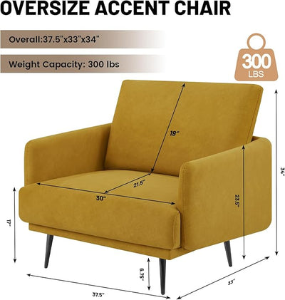 Oversized Accent Chair for Living Room Chairs Reading Arm Chair Comfy Modern Single Sofa Side Chairs with Metal Legs & Soft Cushion for Bedroom, Balcony,Waiting Room (Amber Yellow-1pcs)
