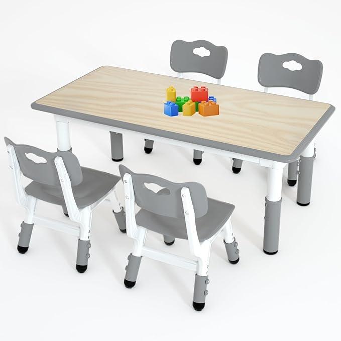 Kids Study Table and 4 Chairs Set,Height Adjustable Table and Chairs for Children and Toddlers,47.2