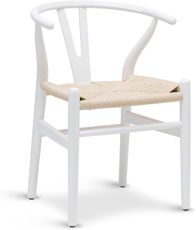 POLY & BARK Weave Dining Chair – Mid-Century Modern Wishbone Dining Chair with Arms, Solid Wood Frame, Indoor Use – White – Single - Ideal for Dining Room, Kitchen or Stylish Accent Setting
