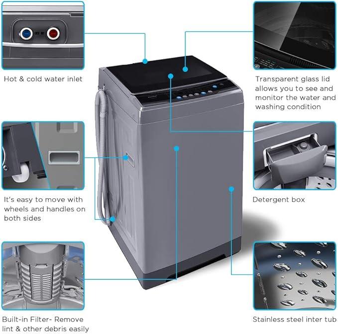 COMFEE’ 1.6 Cu.ft Portable Washing Machine, 11lbs Capacity Fully Automatic Compact Washer with Wheels, 6 Wash Programs Laundry Drain Pump, Ideal for Apartments, RV, Camping, Magnetic Gray