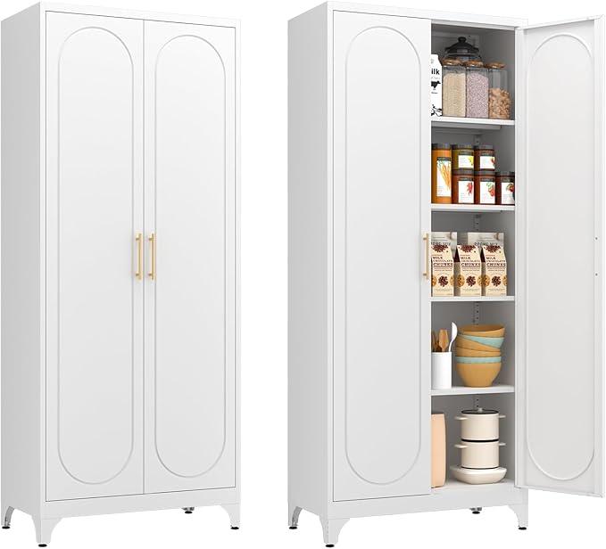 Metal Storage Cabinet with Doors and Shelves, 75 Inch Tall Kitchen Pantry Cabinet, Pantry Cabinets for Kitchen Storage, Freestanding Cupboard for Living, Dining Room, White, Assembly Required
