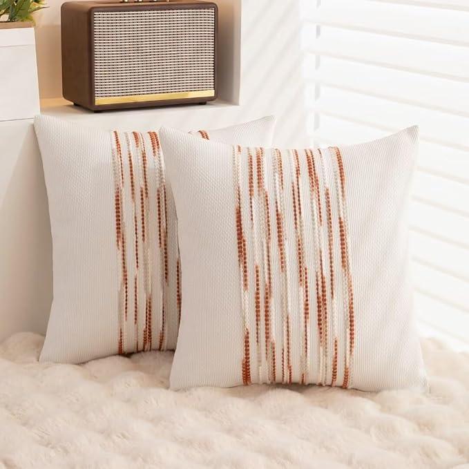 Boho Throw Pillow Covers 18x18 Set of 2 Christmas Decorative Cushion Case Striped Square Pillows Cover Chenille Pillow Cases Accent Neutral Pillowcase for Sofa Couch Bed,White Wine-red