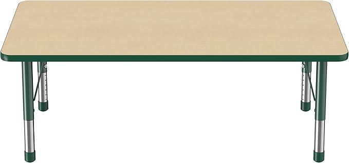 Factory Direct Partners FDP Rectangle Activity School and Classroom Kids Table (36 x 60 inch), Toddler Leg, Adjustable Height 15-24 inches - Maple Top and Green Edge