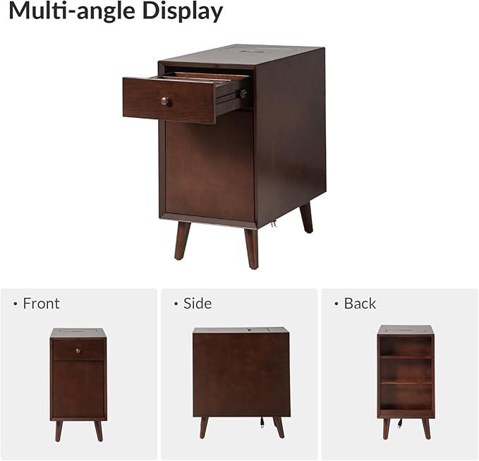 HULALA HOME End Table with Drawer Set of 2, Modern End Table with USB Ports and Outlets, Wooden Side Table with Storage-Walnut