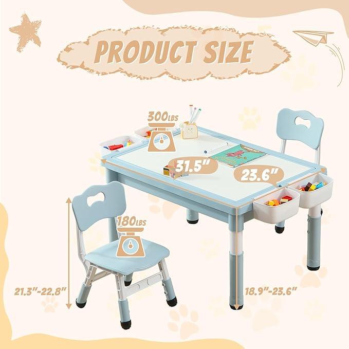 Multi Functional Kids Table and 2 Chairs Set, Graffiti & Building Blocks Double-Sided Tabletop, Toddler Play Table with Drawers, Large Storage Space, Gift for Boys/Girls, Blue