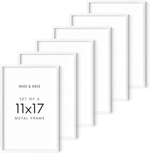 HAUS AND HUES 11x17 White Metal Picture Frames - Features Premium Aluminum, Vertical & Horizontal Hang, Shatterproof Plexiglass - Perfect for Home, Room, Office (11x17 in, White, Set of 6)