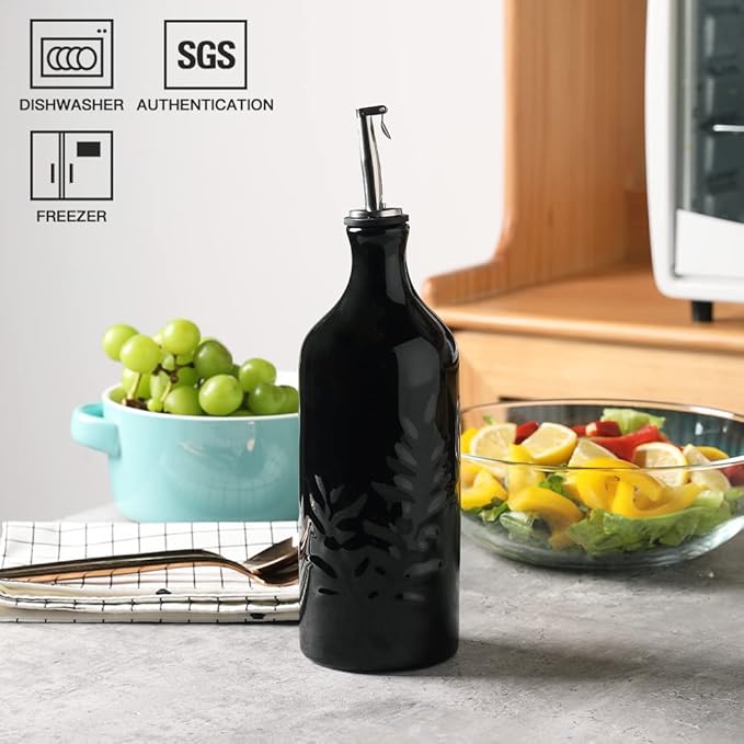 Sweejar Ceramic Olive Oil Dispenser Bottle, 20 Oz Relief Opaque Oil Cruet Protects Oil To Reduce Oxidation, Suitable for Storage Oil, Vinegar, Soy Sauce, Coffee Syrup, Liquids, Set of 1 (Black)