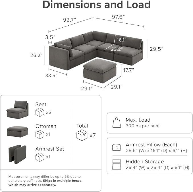 mopio Oversized Modular Sectional Sofa with Fully Removable Covers and Storage, Convertible U, L-Shaped and Sleeper Sectional, Modern Couches with Ottoman Chaise (Stone Gray Fabric, 6 Seats, L)