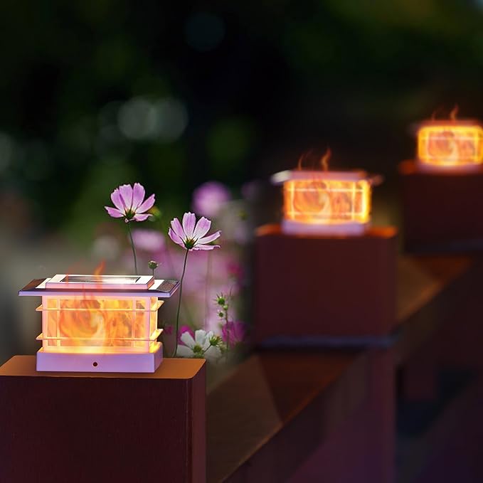 Dynaming 8 Pack Solar Flame Post Lights Outdoor, Solar Powered Fence Post White Shell Cap Light, High Brightness Flickering Flame LED Lighting for Garden Deck Patio, Fit 4x4 5x5 6x6 Vinyl/Wooden Posts