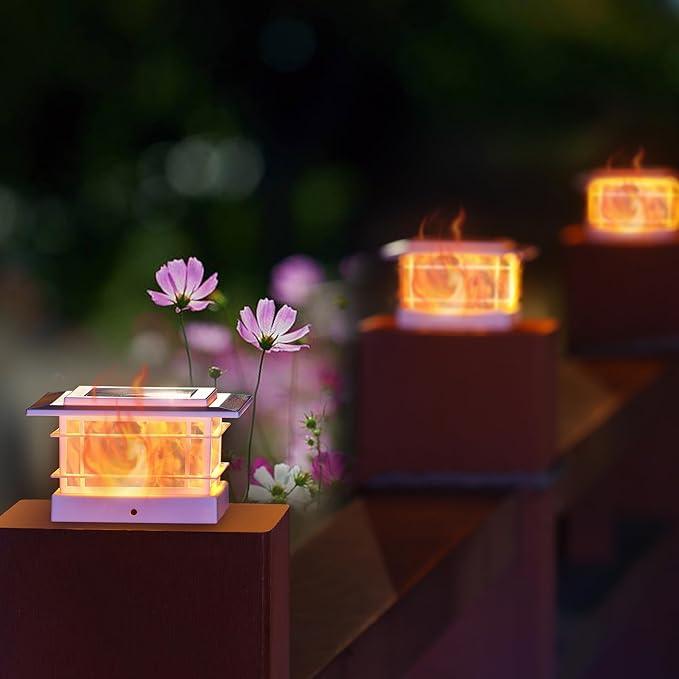 Dynaming 4 Pack Solar Flame Post Lights Outdoor, Solar Powered Fence Post White Shell Cap Light, High Brightness Flickering Flame LED Lighting for Garden Deck Patio, Fit 4x4 5x5 6x6 Vinyl/Wooden Posts