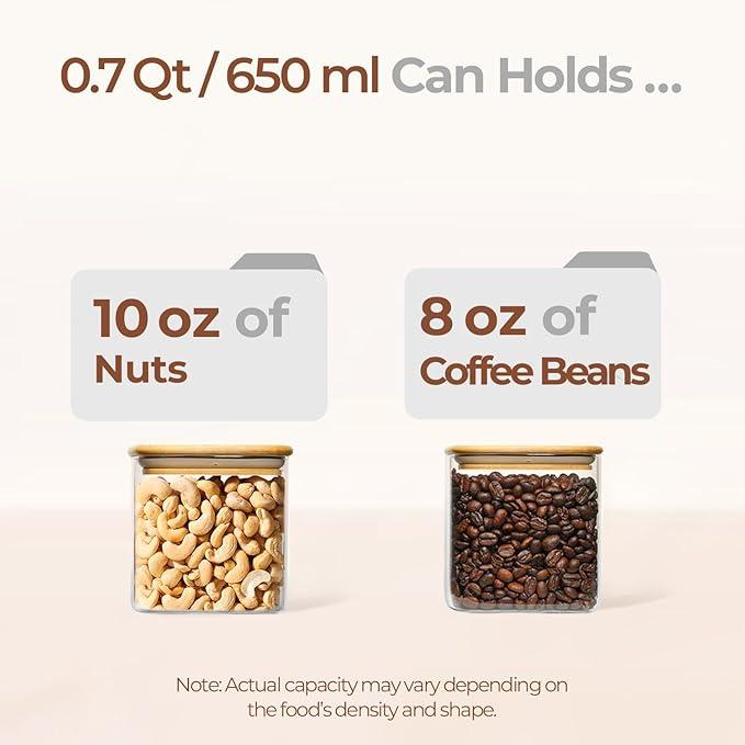 ComSaf 0.7 Qt Glass Food Storage Jars Set of 4, Clear Glass Storage Containers with Lids, Pantry Organization Jar, Spice Jar, Blooming Tea, Coffee and Sugar Container, Small Canister Set for Kitchen