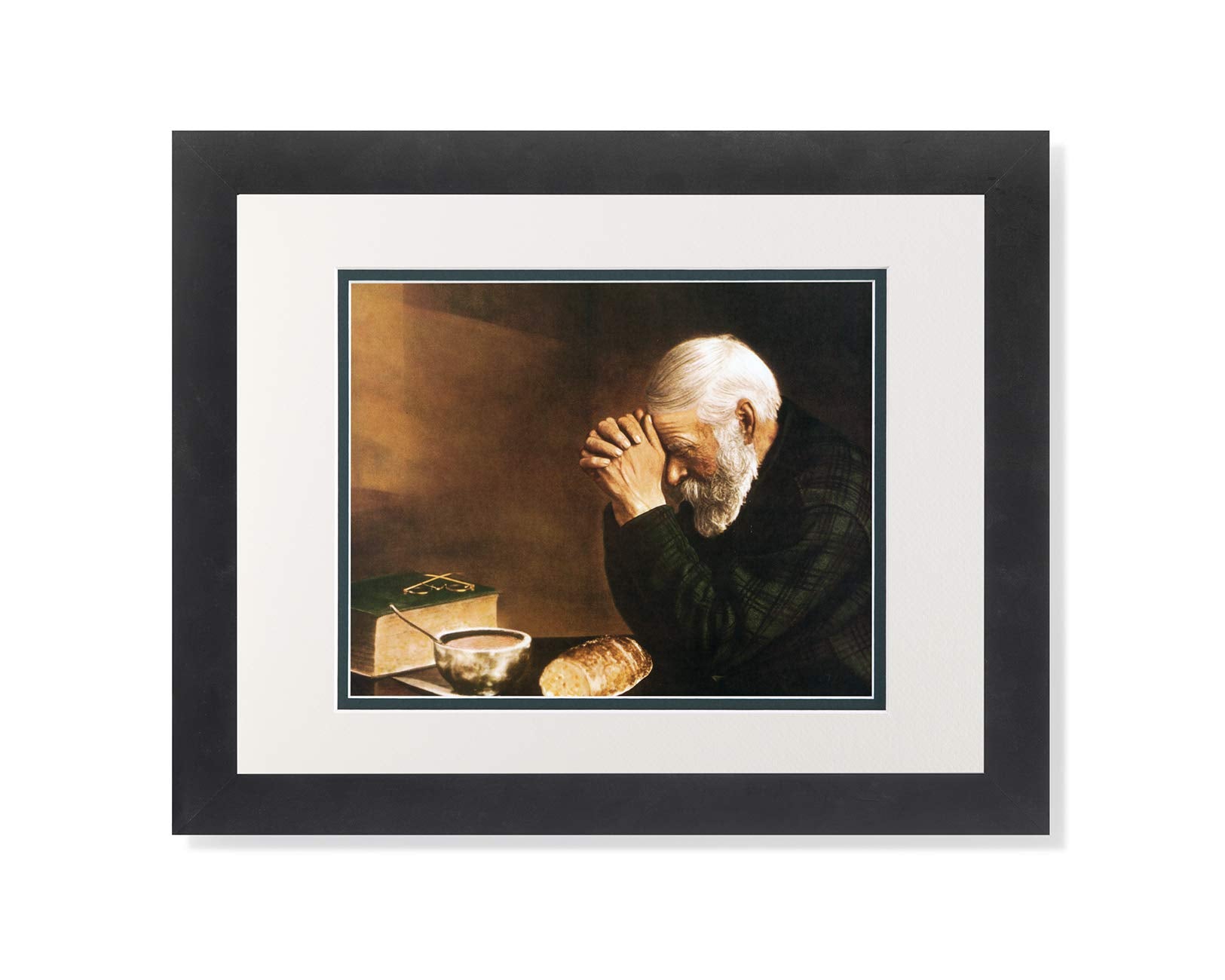 Religious Framed Wall Art – Daily Bread Man Praying | Black Wood Frame, Double Matted