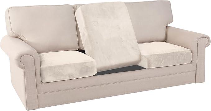PrinceDeco Stretch Sofa Cushion Covers for Couches and Sofas,Soft Velvet Couch Seat Covers, Sofa Covers Washable, Seat Cushion Cover for 3 Couch Sofa Pet Friendly - Ivory, Each Width Up to 29.5