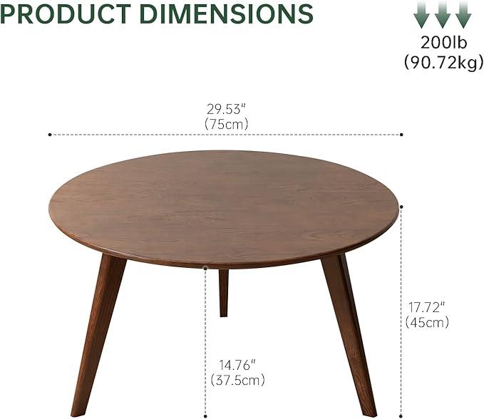 100% Solid Oak Wood Mini Coffee Table, Round Side Table w/Solid Wood Legs, Walnut Mid Century Coffee Table w/Sturdy Frame for Bedroom Balcony Living Room (29.53