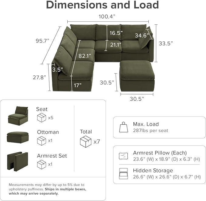 mopio Oversized Modular Sectional Sofa with Fully Removable Covers and Storage, Convertible U, L-Shaped and Sleeper Sectional, Modern Couches with Ottoman Chaise (Olive Green Velvet, 6 Seats, L)