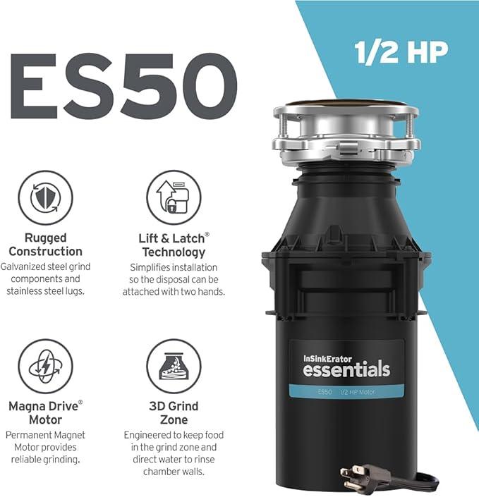 InSinkErator Essentials ES50 Kitchen Garbage Disposal with Power Cord, 1/2 HP Motor Continuous Feed Food Waste Disposer, ES50 W/C