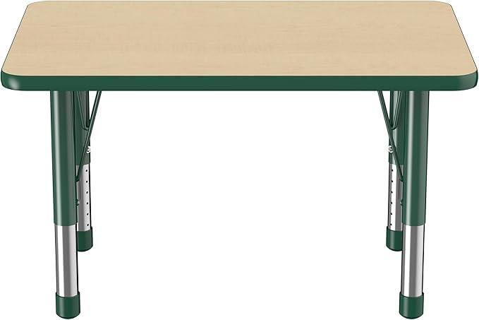 Factory Direct Partners FDP Rectangle Activity School and Classroom Kids Table (24 x 36 inch), Chunky Toddler Leg, Adjustable Height 15-24 inches - Maple Top and Green Edge