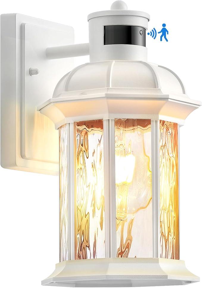 VIANIS White Motion Sensor Exterior Wall Light Lantern, Modern Dusk to Dawn Outdoor Porch Light Fixtures Wall Mount, Waterproof Outdoor Wall Sconce for Garage Entrance with Tempered Water-Ripple Glass