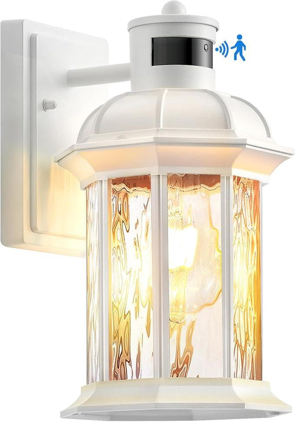 VIANIS White Motion Sensor Exterior Wall Light Lantern, Modern Dusk to Dawn Outdoor Porch Light Fixtures Wall Mount, Waterproof Outdoor Wall Sconce for Garage Entrance with Tempered Water-Ripple Glass