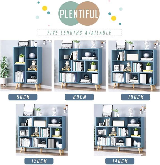 IOTXY Wooden Open Shelf Bookcase - 3-Tier Floorstanding Display Cabinet Rack with Legs, 8 Cubes Free Standing Bookshelf, Bright Blue