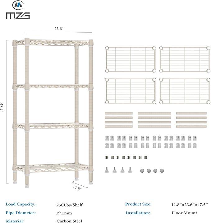 1000 lbs 4-Shelf Standing Storage Shelves Heavy Duty Metal Shelving Unit Adjustable Wire Rack for Office Garage Kitchen, Light Tan 11.8 D x 23.6