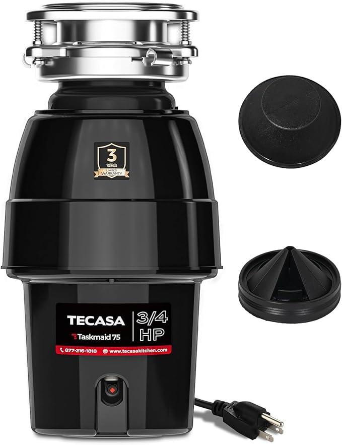3/4 HP Garbage Disposal, TECASA Food Garbage Disposal with Power Cord, Stainless Steel Grinding System and 3-Bolt Mounting, Continuous Feed Garbage Disposals, Quiet, Taskmaid Series 75