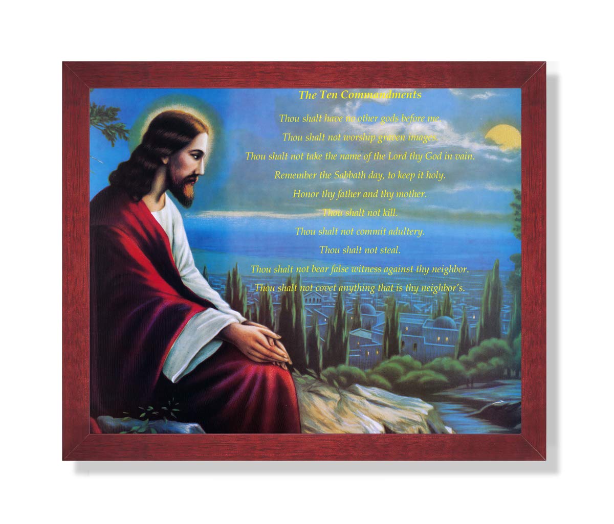 Religious Wall Art - Jesus Red Robe Print | Cherry Wood Frame | Ten Commandments Artwork