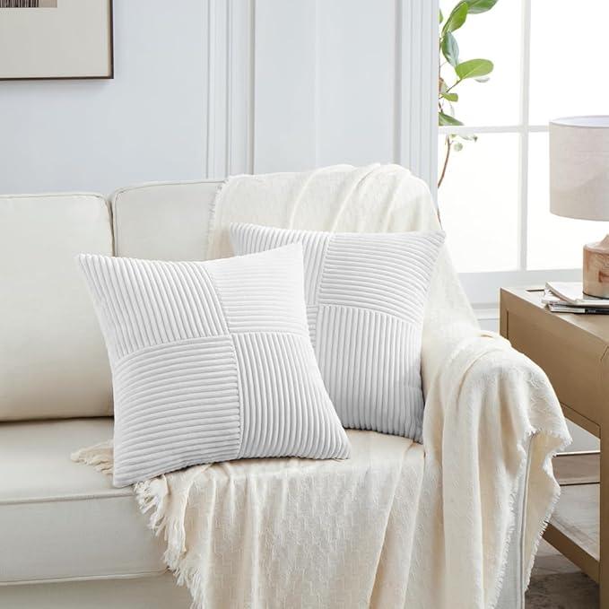 Fancy Homi 2 Packs Pure White Decorative Throw Pillow Covers 22x22 Inch for Living Room Couch Bed, Rustic Farmhouse Boho Home Decor, Soft Corss Corduroy Patchwork Accent Square Cushion Case 55x55 cm