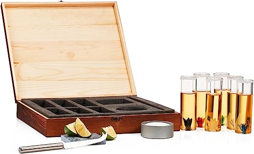 Tequila Shot Glass & Salt Gift Set for Men & Women | Six Agave Shot Glasses, Knife For Limes, One Skull Coaster, One Salt Tin | Skeleton Mahogany Wood Box Package For Tequila, Liquor Lovers