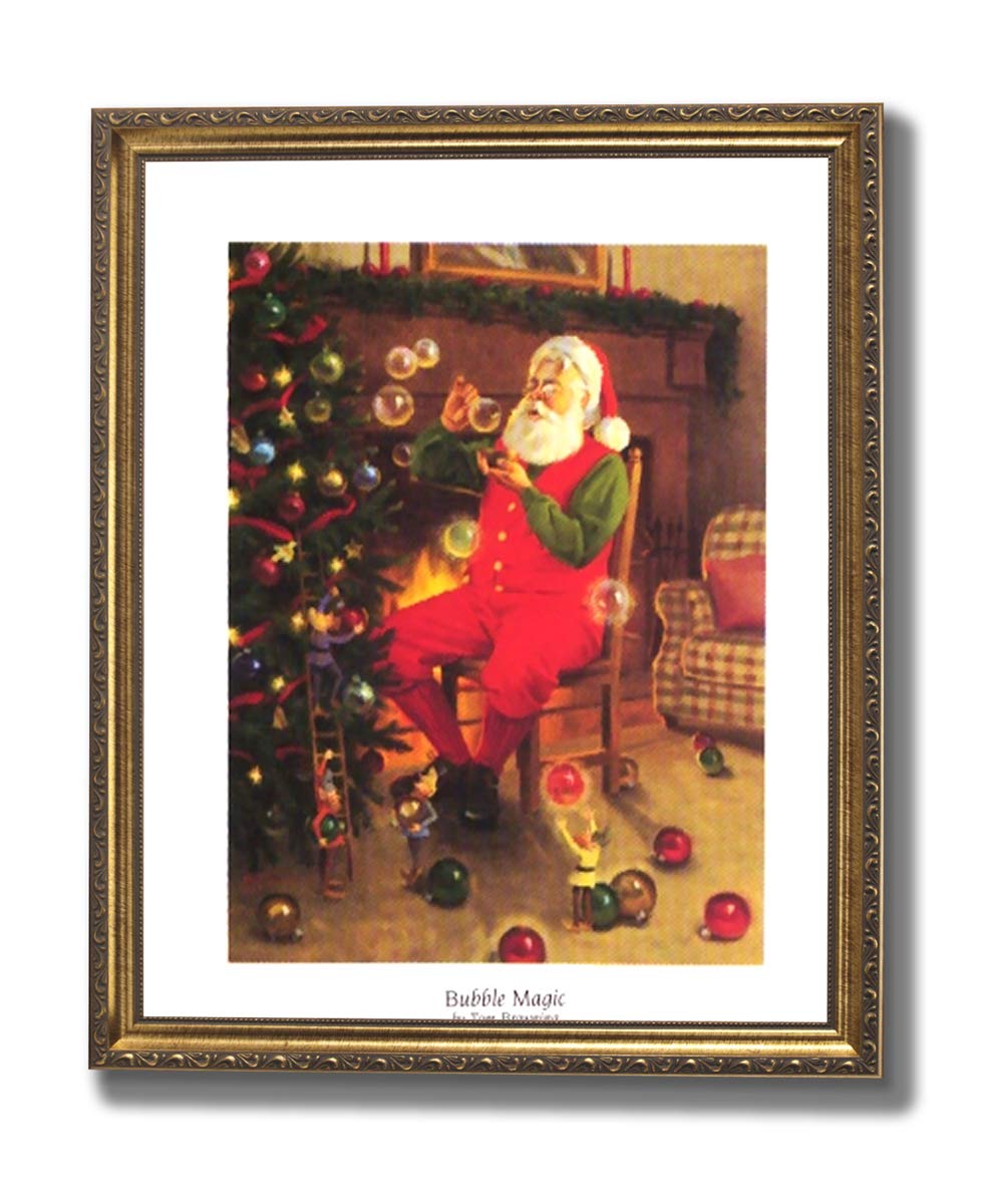 Christmas Art Print - Santa Claus & Elves Holiday Wall Decor in Gold Frame