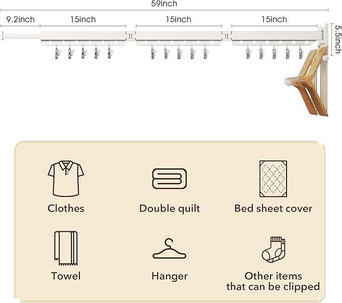 Wall Mounted Clothes Hanger,Clothes Drying Rack,Laundry Rack Wall Mount,Drying Rack Clothing,Clothes Rack Retractable,Collapsible(Tri-Fold), with Windproof Holes & Clips,White Color