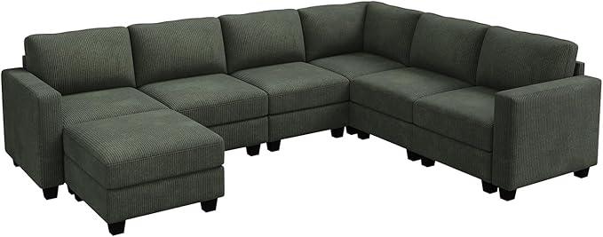 HONBAY Corduroy Sectional Sofa with Storage, U Shape Modular Sectional Sofa with Chaise, Modular Couches for Living Room, Green