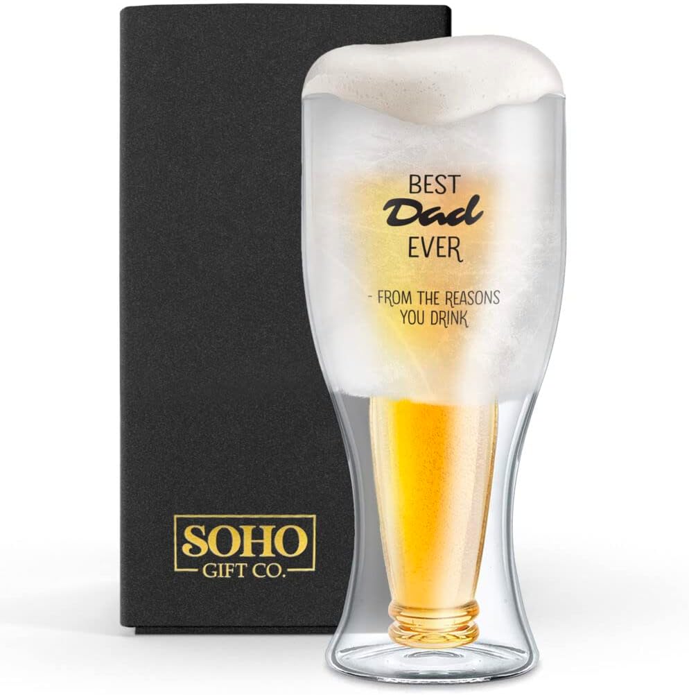 Funny Freezer Glass Gift for Dad for Birthday/Christmas (Freezable Ice Liquid-Gel) Chiller Cooling Cup - Upside Down Beer Bottle Best Dad Ever (Gift Boxed)