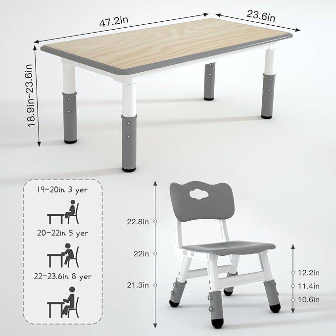Kids Study Table and 6 Chairs Set,Height Adjustable Table and Chairs for Children and Toddlers,47.2