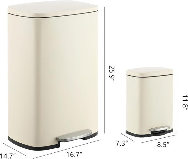 happimess HPM1006F Connor Rectangular 13-Gallon Trash Can with Soft-Close Lid and Free Mini Trash Can, Fingerprint Resistant, Modern, Minimalistic for Home, Kitchen, Office, Bathroom, Limestone Beige