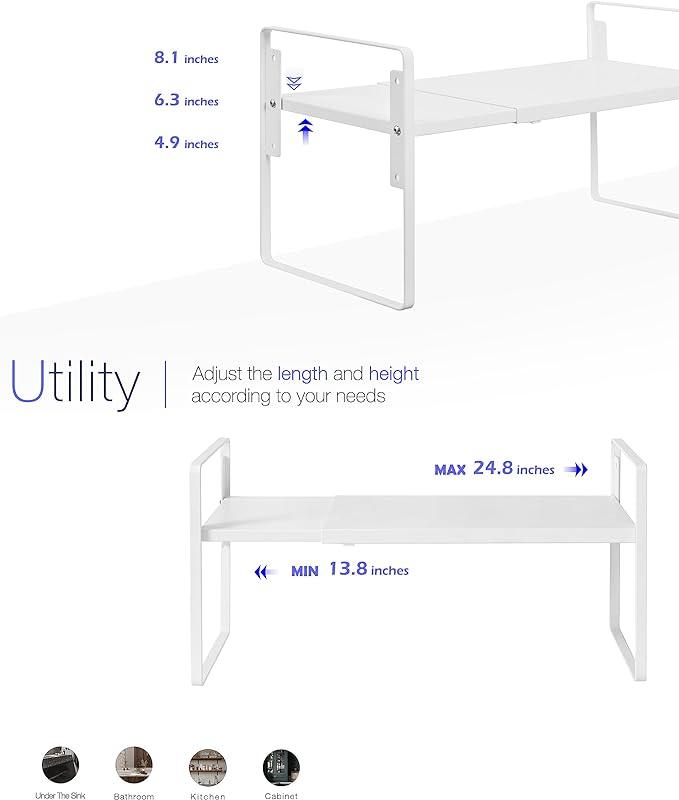 Nxconsu Cabinet Shelf Expandable Height Adjustable Organizer Riser for Kitchen Cabinet Pantry Cupboard Under Sink Countertop Organization Storage Space Saver Stackable Heavy Duty Metal White