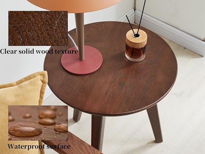 100% Solid Oak Round Side Table Set of 2, Small Bedside Table for Small Spaces, Living Room End Table with Stable Frame, Modern Nightstand for Bedroom Couch(Walnut, 17.71