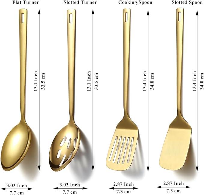 Homquen Gold Kitchen Utensils Set 4pcs, Titanium Gold Plating Stainless Steel Cooking Utensils Set, Kitchen Tools Spatulas Set, Cooking Spoons, Home Essentials Kitchen Gadgets Accessories