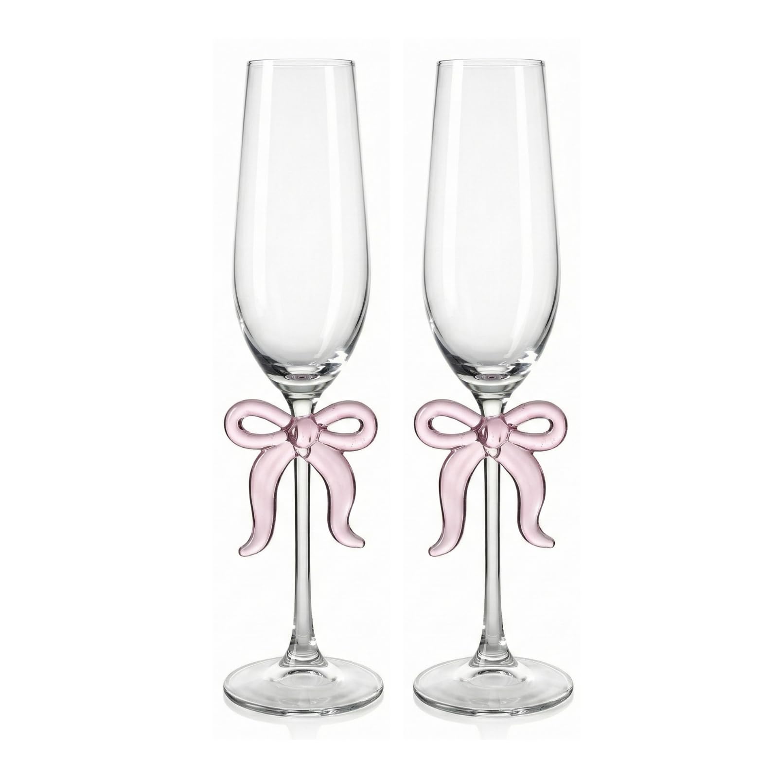 Clear Champagne Glass with Pink Bow on Stem, Set of 2