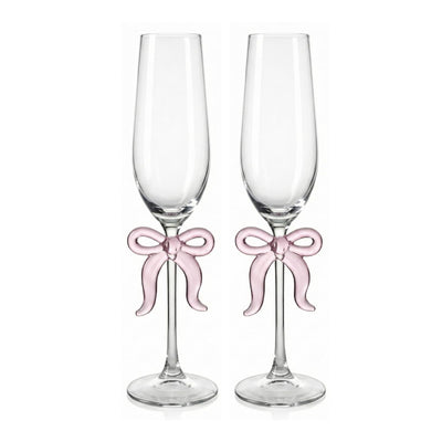 Clear Champagne Glass with Pink Bow on Stem, Set of 2