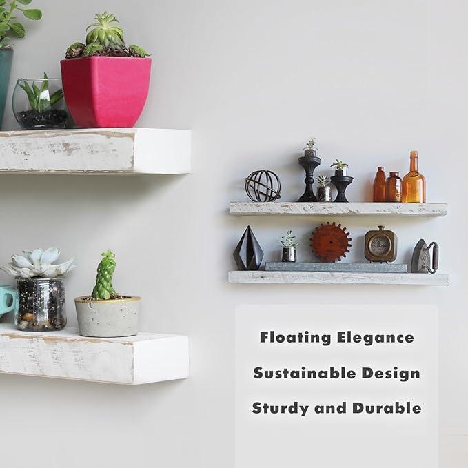 Urban Legacy Reclaimed Barnwood Planks | Floating Shelves for Wall w/Flush Mount Shelf Bracket Set Included | Set of 2 (White Wash, 48