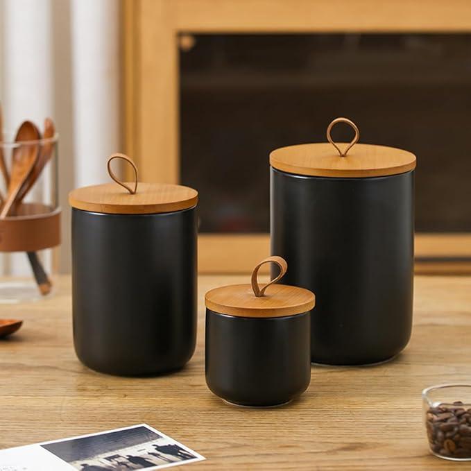 Ceramic Storage Jars, Modern Elegant Highly Polished Airtight Gorgeous Storage Canisters with Wooden Lid Small Food Stroage Jar for Kitchen Spice Tea Vanilla Sugar Coffee Beans (Black tuba)