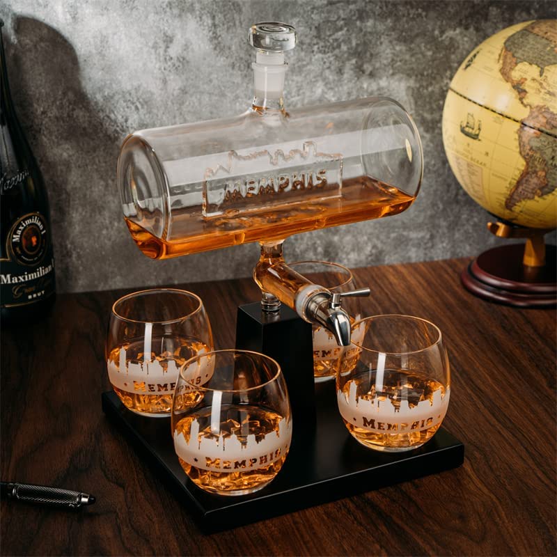 Wine & Whiskey Decanter Set 1100ml by The Wine Savant with 4 Whiskey Glasses, Drink Dispenser Scotch, Bourbon, Brandy Home Office Apartment Decor, Gifts - Dallas, Memphis, New York & Los Angeles Gifts