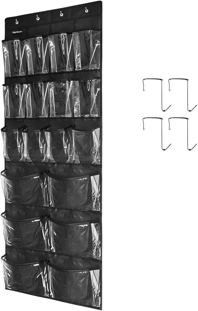 Extra Large Hanging Over Door Shoe Organizer, Closet Shoe Rack - 12+6 Crystal Pockets, 4 Hooks, Black (59